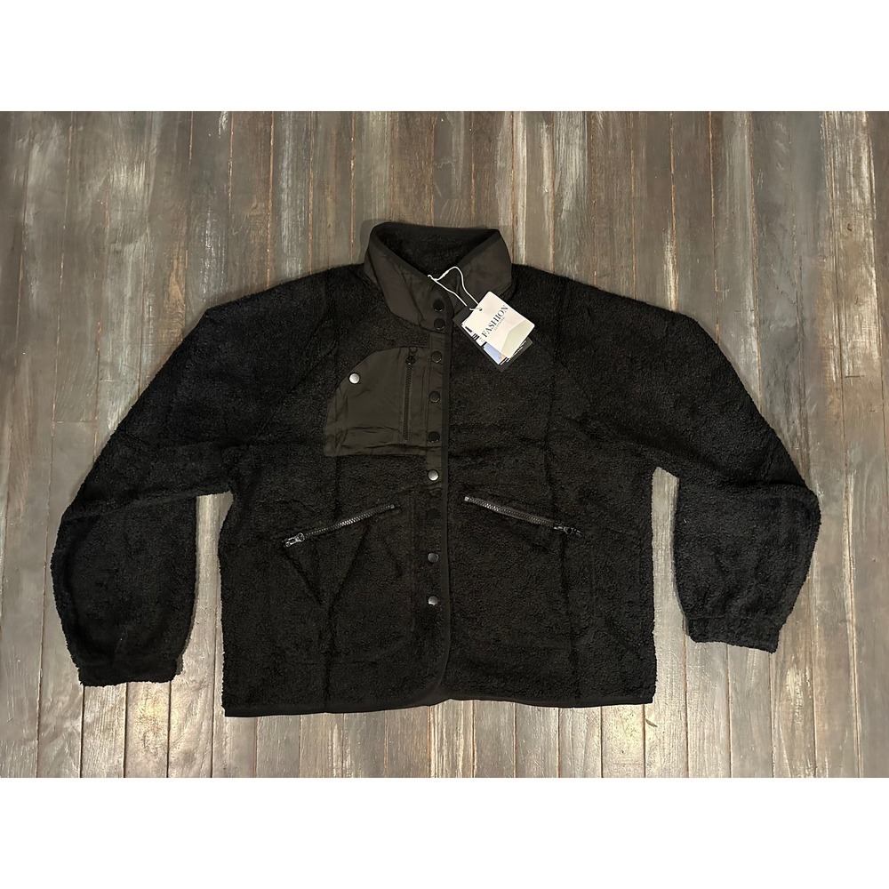 Womens Black Sherpa Fleece Jacket Oversized Snap Front Zip Pocket Coat New
